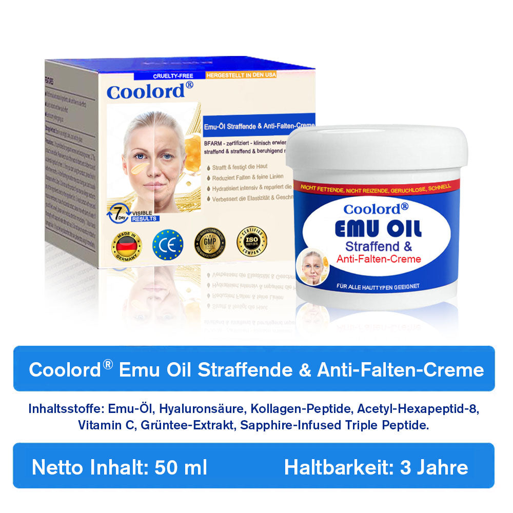 Coolord® Emu Öl Straffend & Anti-Falten Creme🔥Letzter Tag 80% Rabatt 👩 BfArM Zertifiziert – Klinisch Bewährte Festigung, Straffung & Beruhigende Reparatur 🌿