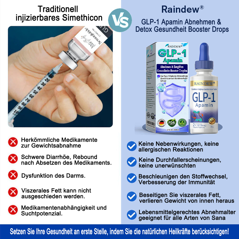 Raindew® GLP-1 Apamin Schlankheits- & Detox-Gesundheitstropfen 💎 (Lebensmitteltauglicher Fettverbrenner – Entwickelt von der Adipositas-Gesellschaft) 💎